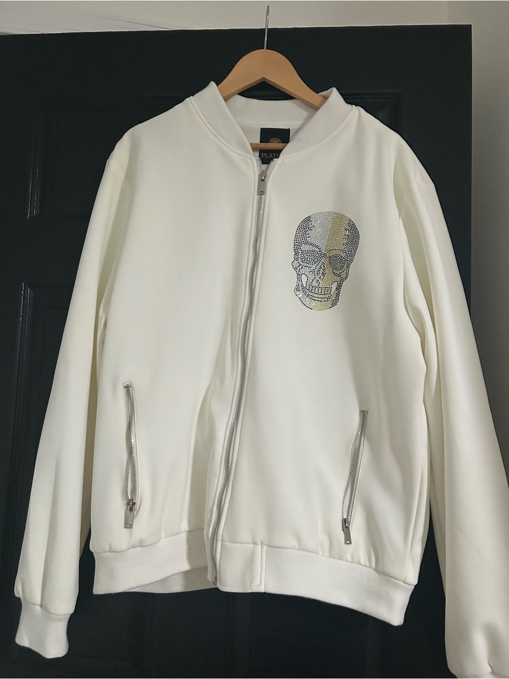 Men's White Bomber Jacket with Crystal Skull Accent